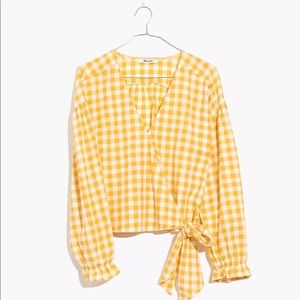 Long-Sleeve Sash-Tie Wrap Top in Gingham Check